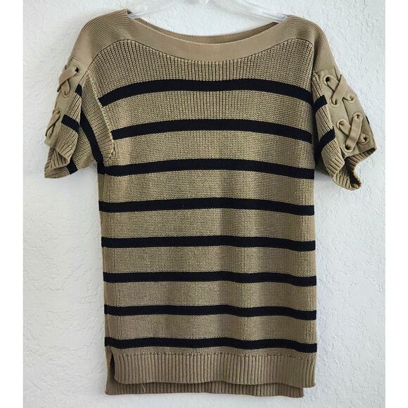 SWEATER-RALPH LAUREN-"Army" Brown-Striped-Criss Cross on Short Sleeves-Size MED - Picture 1 of 10